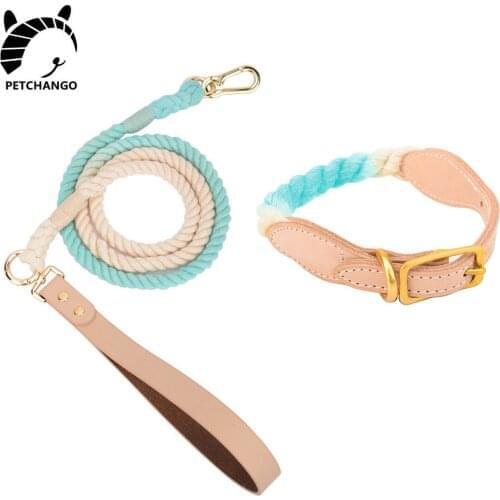 Leather & Rope Dog Collar and Leash Set Adjustable Basic Collars for Dogs Puppy Medium Large Dogs Natural Cotton Pet Products
