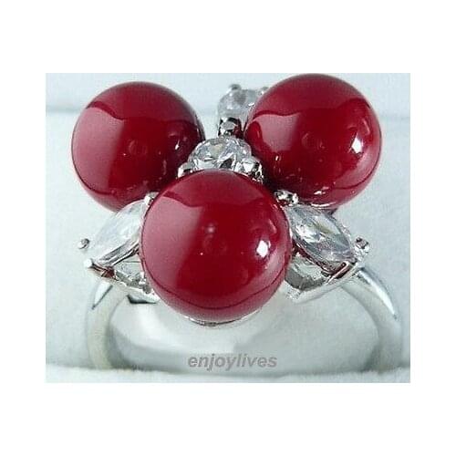Red Coral 3 Beads Crystal White Plated Ring US size 6 7 8 9# Girl WOMEN Quartz 2pcs ringe hook