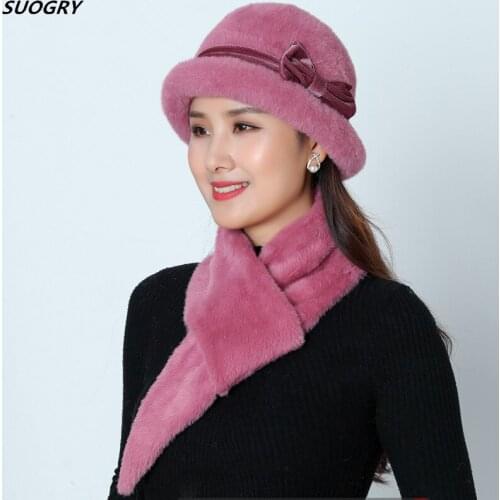 Hot Sale Women Winter Knitted Floral Wool Blend Warm Rabbit Fur Hat Beanies Skullies Super Soft Female Baggy Cap Headwear