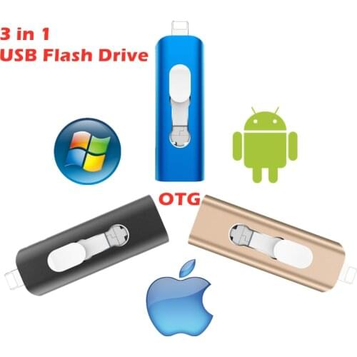 OTG USB 3.0 Flash Drive for lightning/micro usb/computer 16GB 32GB 64GB 128GB 3 in 1 Metal Pendrive for iphone12/11/X/9/8/7/6/5S