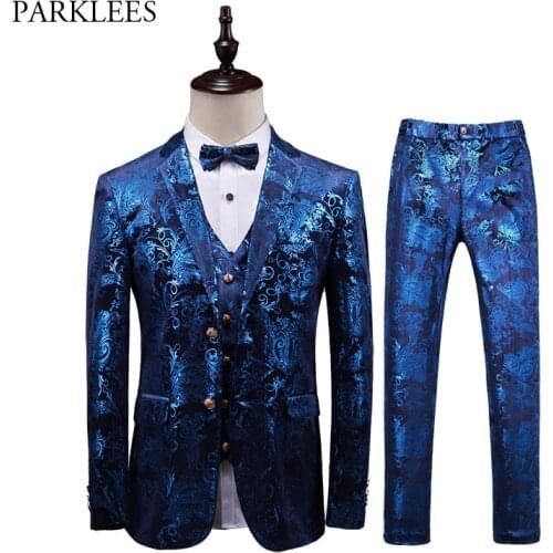 Royal Blue Paisley Wedding 3 Piece Suits Set Men Wedding Prom Dress Suits With Pants Mens Slim Fit Two Button Terno Masculino