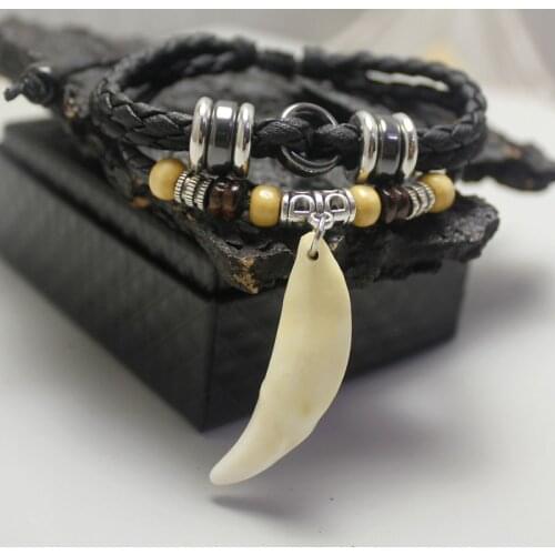 Wolf Tooth Men Bracelet Leather Bangle Ethnic style Charm Bracelet Retro