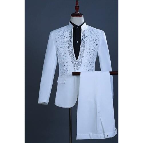 2 Pieces White One Button Embroidery Diamond Suit Men Brand Stand Collar Slim Fit Wedding Groom Mens Suits With Pants Terno