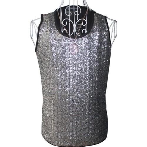 Round collar Silver sequins Singer stage mens vest men brand roupas masculinas sexy tank 1 camisetas regatas Customizable
