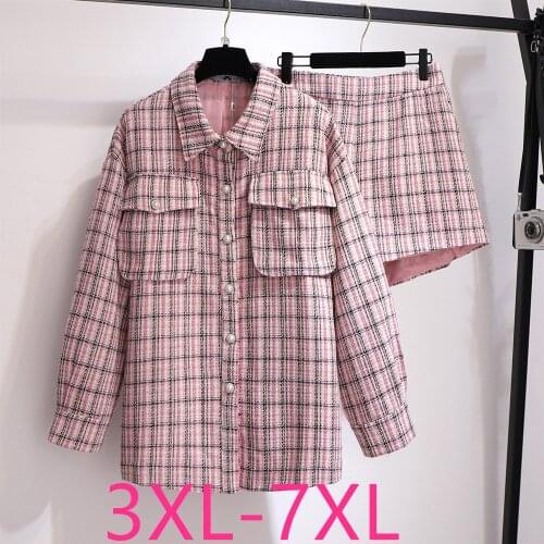Autumn winter plus size suits for women large loose casual long sleeve plaid blazers and shorts sets pink 3XL 4XL 5XL 6XL 7XL