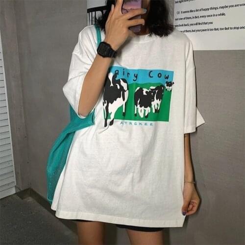 New Arrival Cute Cartoon Cow Printed Kpop Loose Tshirt Cotton Short Sleeve Aesthetic Tops Round Neck Funny Graphic Women Shirts