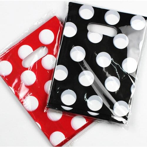 100pcs 15*20cm Black And Red Dots Plastic Gift Bag Boutique Carrier Shopping Bags Gift Bags With Handles Small Party Favor Bags