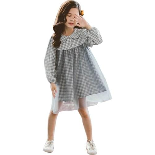 Dress For Girls Patchwork Mesh Girls Party Dress Long Sleeve Child Plaid Dress Spring Autumn England Clothes For Girls Christmas