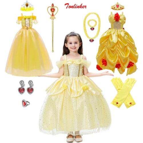 Girls Princess Fancy Dressing Up Belle Costumes Flowers Off Shoulder Dress Up Deluxe Ball Gown Dresses Kids Party Performance