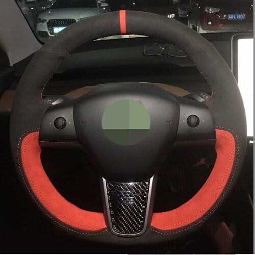 Hand-Stitched Non-Slip Black Genuine Leather Suede Car Steering Wheel Cover For Tesla Model 3 2017 2018 2019 2020