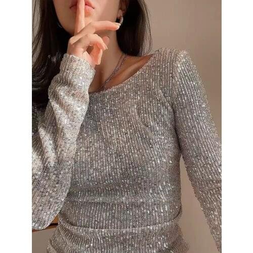 Long Sleeve Women Basic Solid Casual Pullovers Autumn Winter Slim Fit Bling Bling Shiny Women Sequined Tshirts