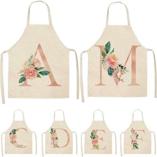 Pink Letter Flower Alphabet Print Kitchen Aprons Cotton Linen Bibs Household Cleaning Pinafore Home Cooking Apron 53*65cm Q0005