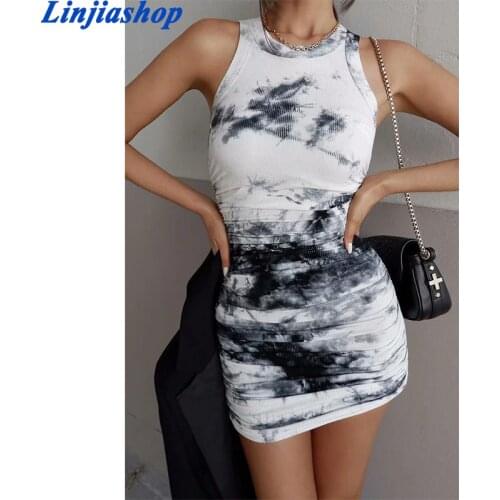 Vintage tie-dye knit dress sexy women sleeveless o neck tank draped bodycon elastic mini dress fashion club vestidos