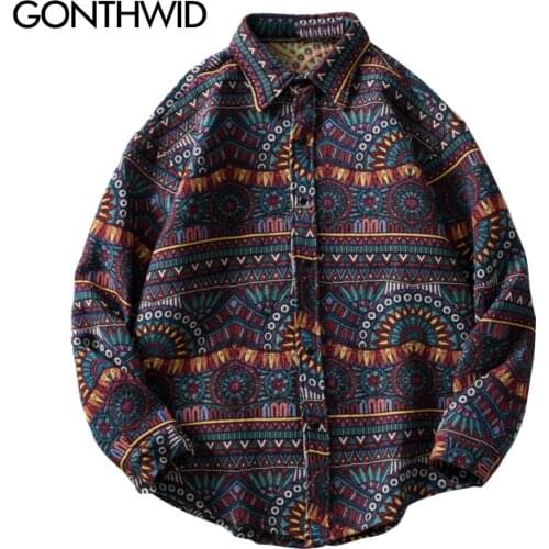 GONTHWID Knitted Shirts Harajuku Geometry Nation Style Flowers Button Shirt Streetwear Hip Hop Casual Long Sleeve Tops Coats