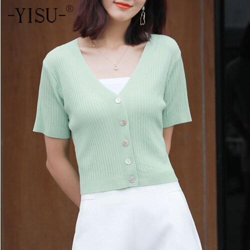 YISU 2021 New Summer Cardigan Women V-Neck Slim Cardigan Coat Solid color Short sleeve Sweater Thin simple Knitted Coats Female