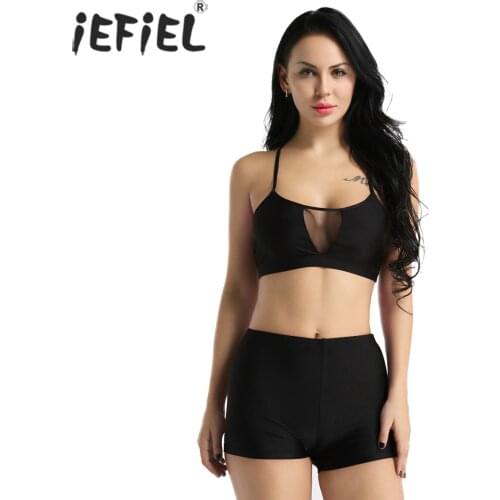 Womens Adult Ballet Competition Lyrical Dance Costumes Mesh Splice Tank Crop Top with Tight Short Gymnastics Leotard Dance Set