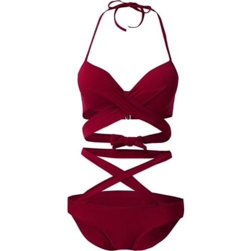 Women Sexy Brazilian Bikini Set Halter V-Neck Criss Cross Strappy Bandage Swimsuit Solid Color Cutout Waist Bathing Suit Au11 21