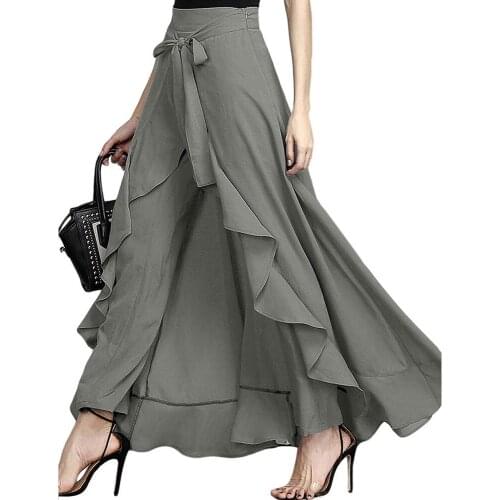 2019 OL Solid Women Pants Irregular Ruffled Pant High Waist Lace Up Trousers Female Casual Loose Wide Leg Pants S-3XL Gray Pants