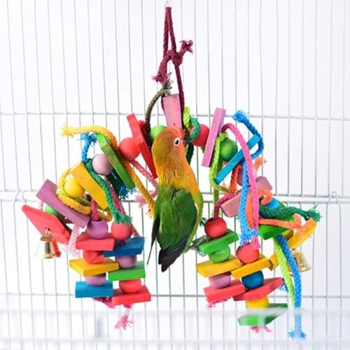 Behogar Funny Multicolored Wooden Blocks Cotton Rope Bird Parrot Chewing Toy for Budgies Parakeets Cockatiels Conures Lovebirds