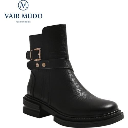 VAIR MUDO Ankle Boots Women Shoes Round Toe Genuine Leather Spring/Autumn Concise Round Toe Solid Adult Black Buckle WM-X54