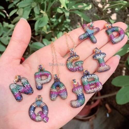 6PCS ZYZ-N1020 Gold Color Initial Rainbow CZ Pendant Necklace Fashion Colorful Zirconia Stones Letter Jewelry For Women 18mm