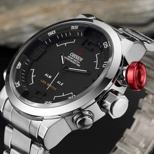 OHSEN AD1608 Stainless steel Quartz Men Watch Band Black Silver Waterproof Digital Analog Military Wristwatch relogio masculino