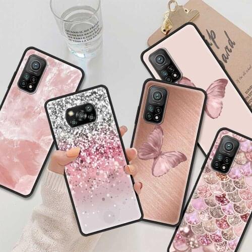 Black Case For Xiaomi Poco X3 NFC M3 Pro F3 GT Note 10 Lite CC9E CC9 A3 Pocophone F1 Soft Shell Gold Pink Rose Glitter Hearts