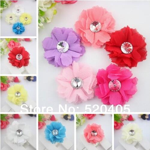 Fashion 9 colors Mini Flower with Big Rhinestone Center 1.8 Inch Chiffon Lace Flower for hair band headband Accessories