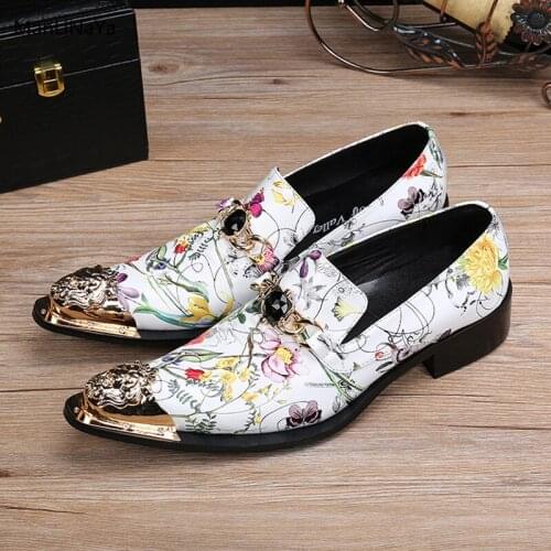 Genuine Leather Print Floral Men Dress Shoes Mixed Colors Slip on Male Business Shoes Men Derby Shoes with Chain Black Crystal
