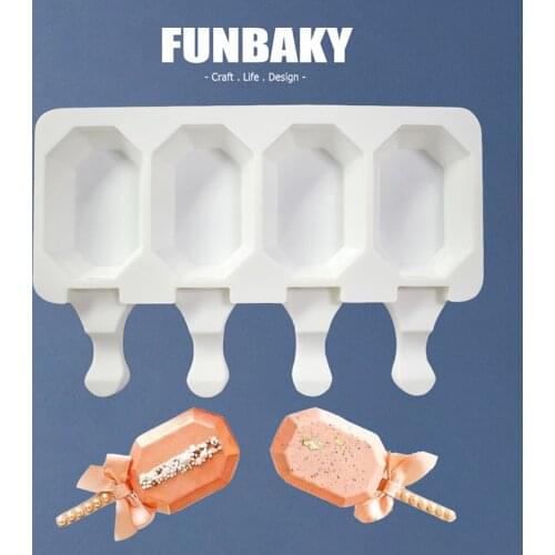 FUNBAKY New Polygonal 4 Cavity Ice Cream Mold Reusable Popsicle Molds DIY Multi-Style Homemade Ice Cream Makers Moulds