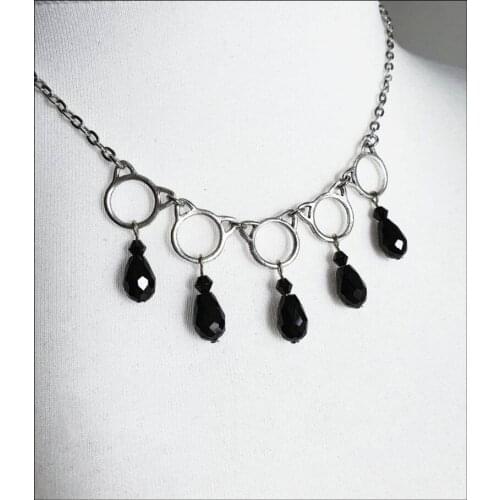 New Gothic Hollow Cat with 5 Dark Black Crystal Pendant Necklace Clavicle Chain Collar Necklace Pagan Punk Amulet Witch Jewelry