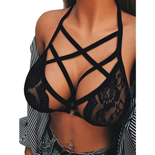 Sexy Lingerie Women Sheer Lace Lingerie Bra Hollow Out Bandage Halter Neck Backless Unpadded Bras Bralette Womens Underpants