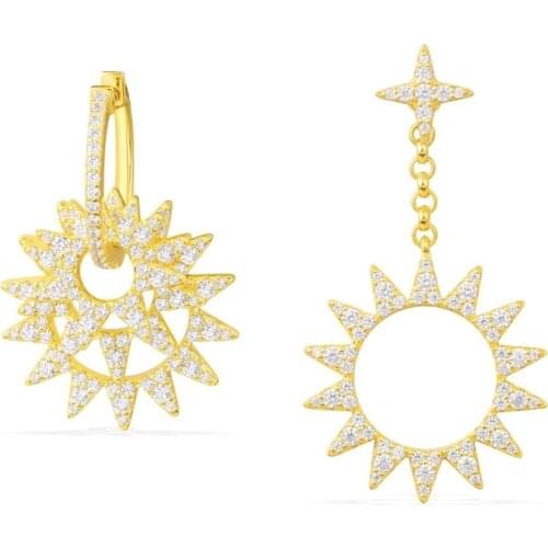 SOELLE 925 Sterling Silver Yellow Gold Color Asymmetry Sun AB Earrings Cubic Zirconia Women Fine Fashion Luxury Party Jewelry