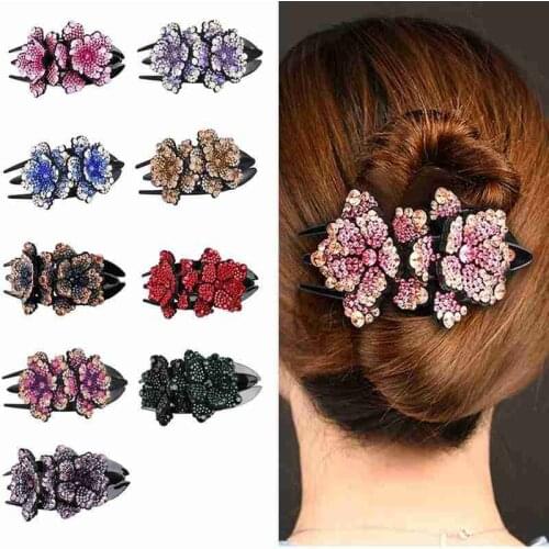Rhinestone Double Flower Hair Claw Combs Female Elegant Beads Hairgrip Hairpin Handmade Duckbill Clip Fashion Hair Accessories