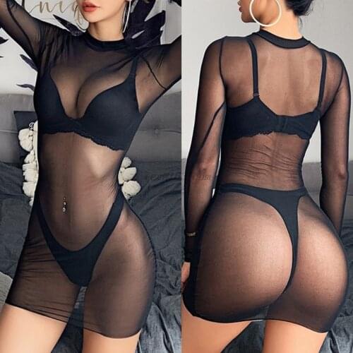 Women Sexy Sheer Mesh Long Sleeve Mini Pencil T-Shirt Dress Mock Neck Perspective Bodycon Bikini Cover Up Beachwear