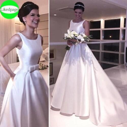 Wedding Dress Simples Vestidos De Novia Satin Lace Up Back Cheap A Line Boda Bride Gown 2021 Robe Mariage Trouwjurk With Pockets