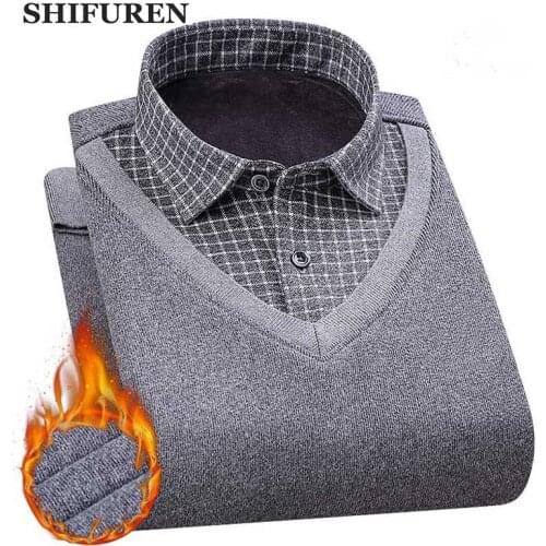 SHIFUREN Winter Fleece Warm Sweaters Men Long Sleeve Knittwear Tops Causal Male Jumpers Jersey Sweaters Pullovers Solid Color