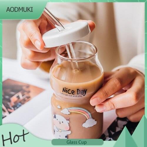 300Ml Cute Transparent Glass Cow Pattern Breakfast Cup with Straw Ceramic Cover Home Water Juice Cup Milk Coffee Mug Friend Gift