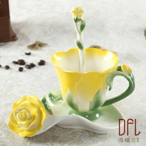 3D Enamel Rose Coffee Mugs Tea Cups With Saucer Spoon Lover Gift Creative Coffeeware