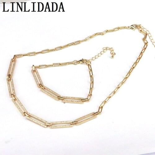 5Pcs Fashion Simple Design Geometry Shape Link Chains Cubic Zircon Gold Plated Necklace And Bracelet