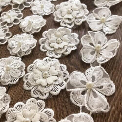 Organza Off White Lace Trim Pearl 3D Three-Dimensional Flower DIY Wedding Dress Handmade Decoration Accessories