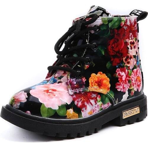 Kids Shoes Floral Martin Boots for Girls Botas Elegant Flower Print PU Leather Shoes Child Rubber Soled Boots Brand Bottes