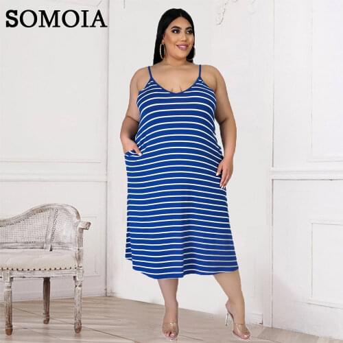 Home Style Plus Size Womens Dress Long Fashionable Casual Sexy Striped Printing Suspender V Neck Loose Mid Waist Wholesale