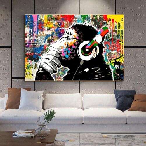 Graffiti Art Monkey Canvas Paintings Street Art Colorful Baboon Listen To Music Poster and Print Wall Art Picture Home Decor