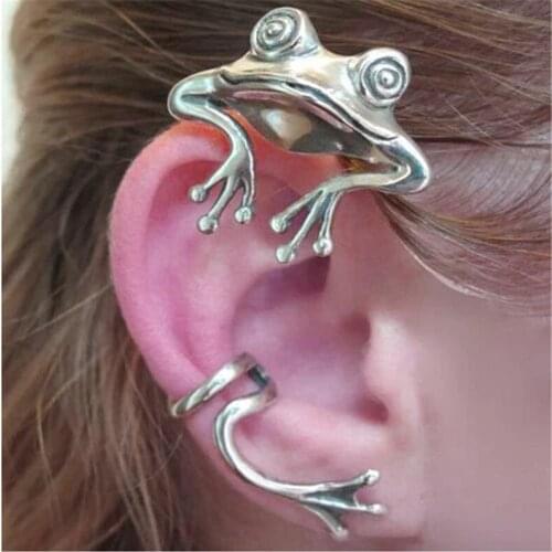 HJ49F-8F 3D Front Back Frog Ear Wrap/Cuff Animals Ear Jacket Gothic Jewelry -Nickel-Free Posts Silver Plated Studs Earrings Frog