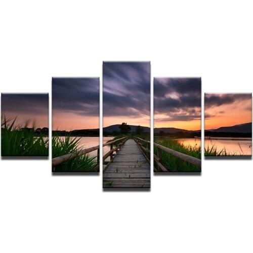 Canvas Prints Painting Wall Art Living Room Home Decor Lake Poster 5 Piece Sunset Glow Wooden Bridge Seascape Pictures Framework