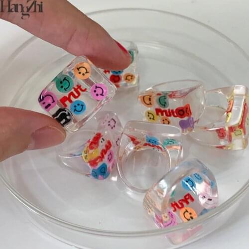 HangZhi 2020 New Korean Colorful Crystal Cartoon Cute Smiley Face Letters Transparent Square Chunky Rings for Women Jewelry