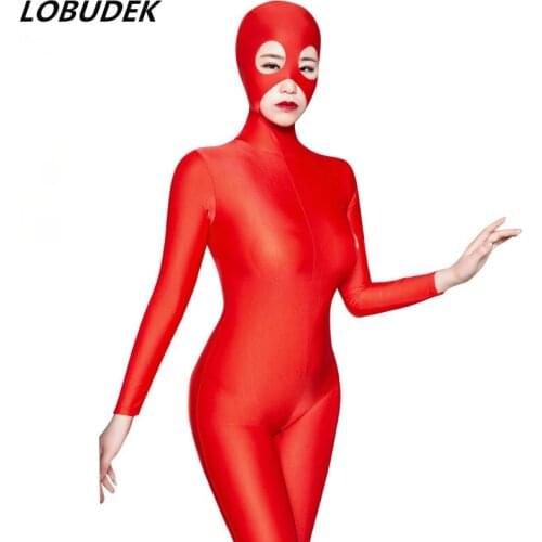 Adult Lady Masked Zipper Jumpsuit Sexy Elastic Leotard Tight Form-fitting Pants Bar Club Stage DJ Acrobatics Pole Dance Costume