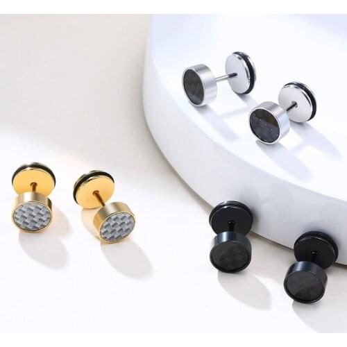Stainless Steel Round Stud Earrings for Men Women with Carbon Fiber Post Earrings Dad Gifts