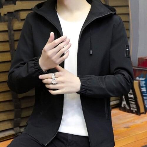 Korean Autumn Mens Long Sleeve Hooded Outerwear Coats Zipper Fly Slim Fit Plus Size Windproof Collar Male Fashion Casual Jackets